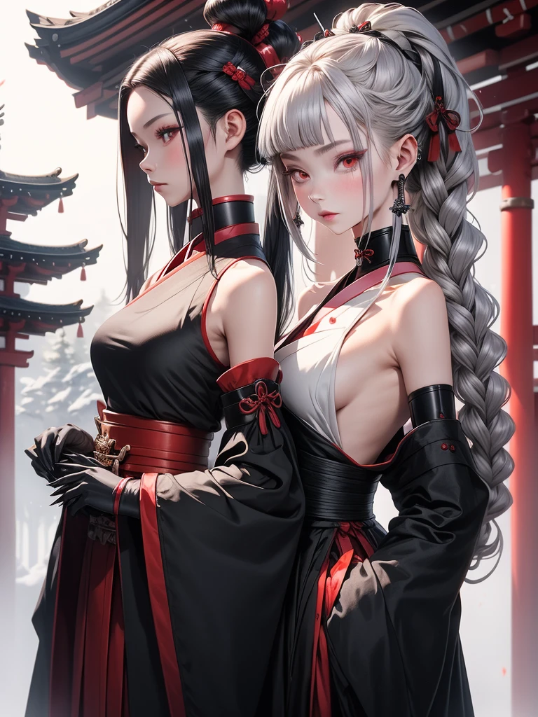 A girl in a black Hanfu with red armor , Height 1.79,Thin hands and on my fingers protective silver nails shaped like claws , red eyes/wine ,two katanas on my back , hair as black as night with a silver lock held in a perfect ponytail with silver hair sticks and red and black beads, My fine features and my snow-pale skin, forest background between Japanese temple