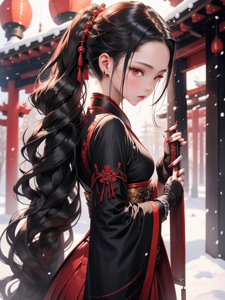 A girl in a black Hanfu with red armor , Height 1.79,Thin hands and on my fingers protective silver nails shaped like claws , red eyes/wine ,two katanas on my back , hair as black as night with a silver lock held in a perfect ponytail with silver hair sticks and red and black beads, My fine features and my snow-pale skin, forest background between Japanese temple