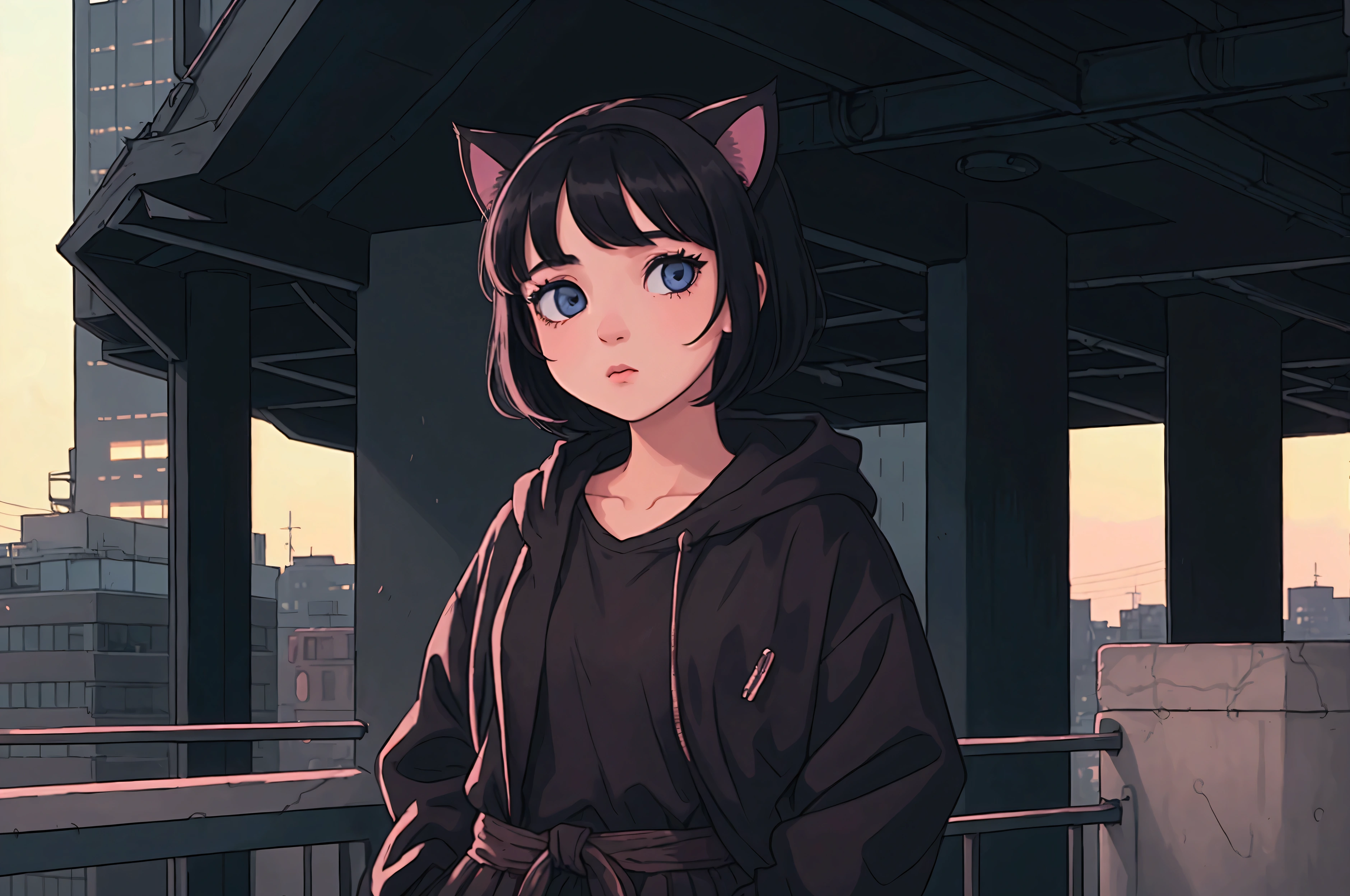 A girl with short black hair and cat ears, wearing dark clothes, in a city in the late afternoon calm, with a relaxing atmosphere. She is a little further away, with a view of her from the waist up, listening to music, and dark colors dominate the scene. The background shows a detailed and vibrant city, reflecting an 80s and 90s anime aesthetic, mixed with a touch of Fujifilm aesthetics. The girl has beautiful eyes, and the entire composition is in 4K, capturing the lofi aesthetic with a soft and tranquil atmosphere.