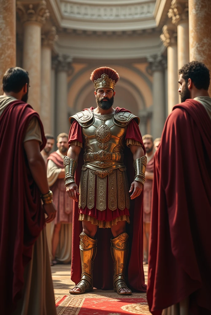 "Roman emperor in a grand hall, wearing luxurious Roman armor and a crown, 5th century, surrounded by corrupt officials in traditional Roman togas, ancient Rome, discussing political power struggles, a grand marble throne in the background, hyper-realistic, photo realism, cinematography -- ar 9:16"
