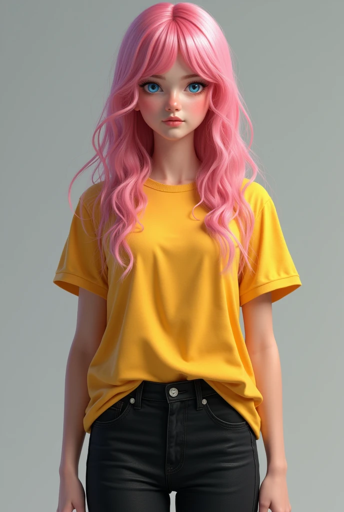 (Madison from Canada, long hair:1.1), blue_eyes, medium_hair, pink_hair, teenage, yellow t-shirt, black pant, photorealistic, full body view, medium breasts, realistic.