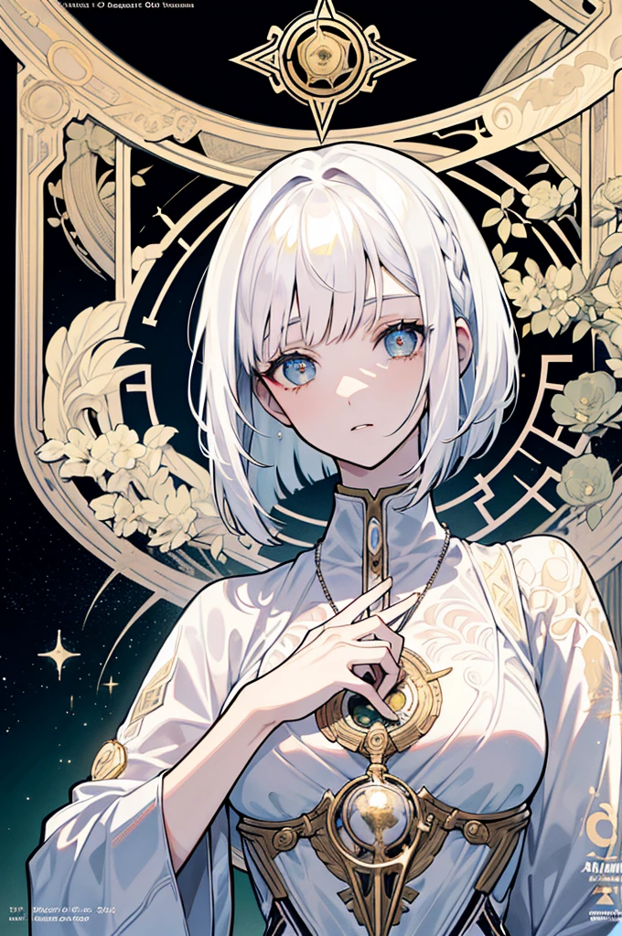 (masuter piece,Best Quality,Ultra-detailed), (A detailed face), Movie Posters, hight resolution, 1girl in, (Lucy), (cyberpunked), white hair, (White hair with bangs), (bob cuts), Two-tone hair, Gold Eye, white clothes, The upper part of the body, (Beautiful Detail Eye: 1.1), (Detailed hand), (Detail light: 1.1), Film Light, light skinned, (looking at the viewers), (magazine:1.3), (cover-style:1.3), Fashionable, Tarot Boundary, border, Alfonse Mucha