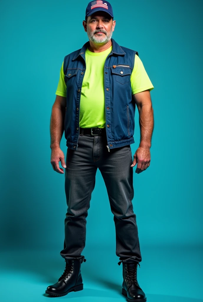 MIDDLE-AGED MAN WITH BLACK BOOTS DARK GREY PANTS OVER THE BOOTS, SHORT VEST, normal, AT WAIST HEIGHT, IMPERIAL BLUE OVER NEON GREEN SHIRT, USA POPULAR CAP IMPERIAL BLUE CYAN BLUE IMAGE BACKGROUND