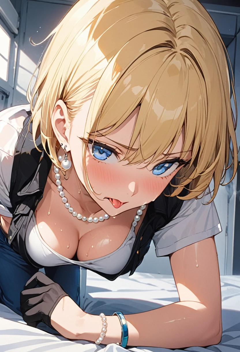 masterpiece, Highest quality, High resolution, (Artificial Human Room No. 18),1990s \(style\),(E-cup beautiful breasts)、height: 170cm,Sweating all over the body、vapor、Muscular、((sexy))、(sex),(nsfw),(M-shaped legs),Sweaty、(Breasts spilling out of clothes),独奏,Anime-style painting style, blonde hair, Blue eyes, belt, jeans, pearl_necklace, bracelet, black gloves, white shirt, short hair, short sleeves, earrings, blue short pants, open vest, black vest,middle breasts,Composition focusing on the upper body,(Cool face)、Pointed eyes,A face writhing in pleasure,Kissing expression、Sticking out tongue、Prone