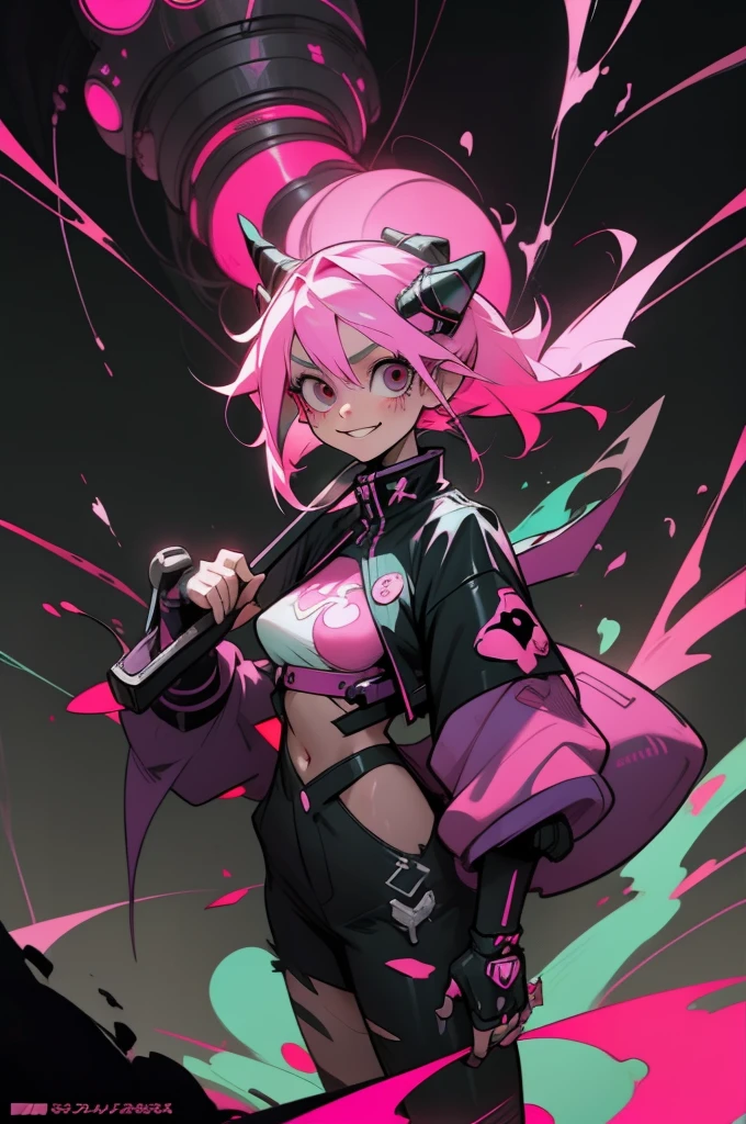 anime girl smiling with long pink hair and black eyes holding a bat, rossdraws vibrant cartoons, cyberpunk art style, digital cyberpunk anime art, anime ciberpunk, 4K anime style, :: rossdraws, cyberpunk art style, cyberpunk anime art, Demon Slayer art style, neon punk, demon slayer rui fanart, cyberpunk anime girl, anime style digital art, female cyberpunk anime girl