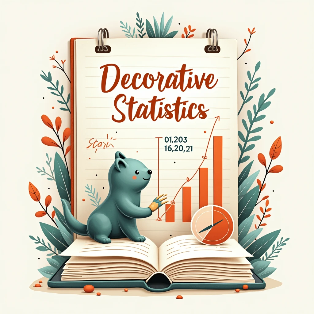 Create a drawing that has things to do with statistics and a title that says decorative statistics, and make it simple, but beautiful and decorative like a notebook