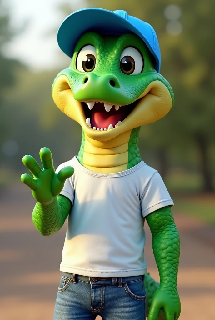 Create a Young Alligator Mascot. smiling . Wears a white t-shirt and jeans.  wears a blue cap. Skin Vibrant Green Color.  It is positioned in front. Make a gesture with your hand come. 