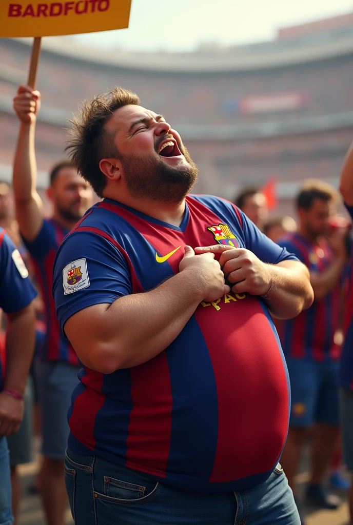 a fat man, WITH BARCELONA SHIRT, KISSING THE SHIELD, short hair, HAVE A SIGN THAT SAYS “KEVIN FAN BARCELONA” TEENAGER 