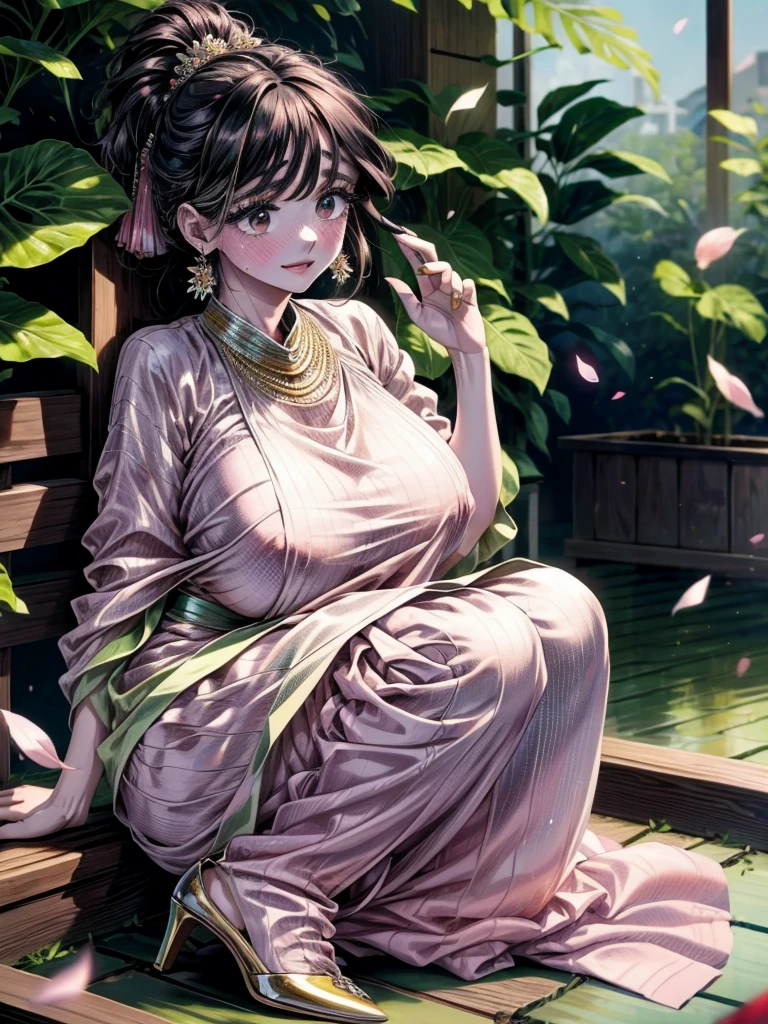 masterpiece, absurdres, wagari k, 1girl, solo, smiling, mature female, wearing indian saree, saree, looking at viewelling petals), perfect composition, detailed lips, big breast, beautiful face, body proportion, blush, (pink lips), black hair, ponytail hair, soft gaze, super realistic, detailed, photoshoot, realistic face and body, full body picture, 16k, at a flower garden, wearing high heels, sitting,