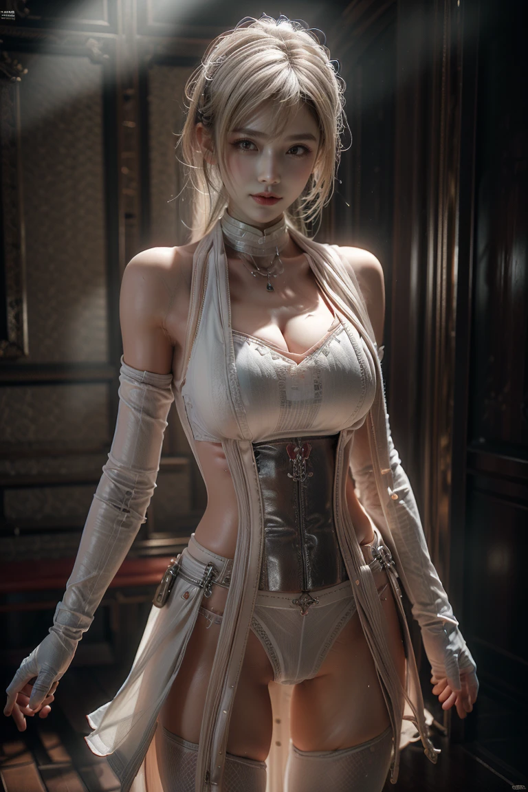 Masterpiece,Game art,The best picture quality,Highest resolution,8K,(A bust photograph),(Portrait),(Head close-up),(Rule of thirds),((nude:1.3,nake:1.4)),Unreal Engine 5 rendering works,
20 year old girl,Short hair details,With long bangs,(white hair),red eyes,Elegant and elegant,(Large, full breasts),(Wearing a white coat,Red suspender underwear),shut your mouth,serious yet charming,(scholar),photo poses,Sci-fi style laboratory,white room,
Movie lights，Ray tracing，Game CG，((3D Unreal Engine))，OC rendering reflection pattern