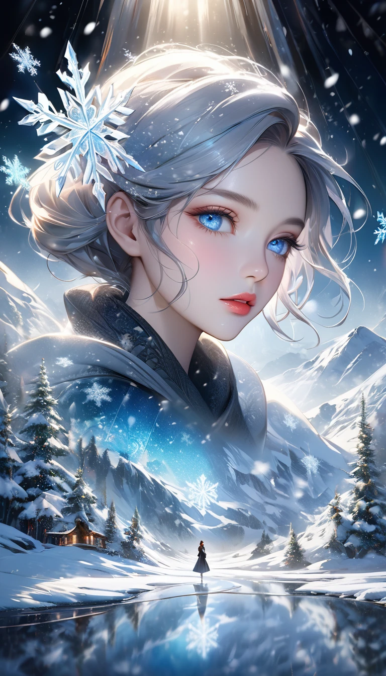 snowy landscape, dark canvas, Transparent sparkling snowflakes falling, Transparent holographic reflection, A surreal landscape made of snowflakes, Leaves viewers speechless, A beautiful world, 1 woman, detailed eyes, detailed lips, very detailed face, long eyelashes, Beautiful and detailed portraits, elegant, tranquil expression, winter, high quality, 8k, realistic, surrealist, studio lighting, Physically Based Rendering, vivid colors, movie lights, dramatic lighting, soft lighting, dramatic contrast, Glowing snowflakes, icy, winter 왕국, cold, clear, ethereal, dreamlike, mysterious, magical, fancy, concept art