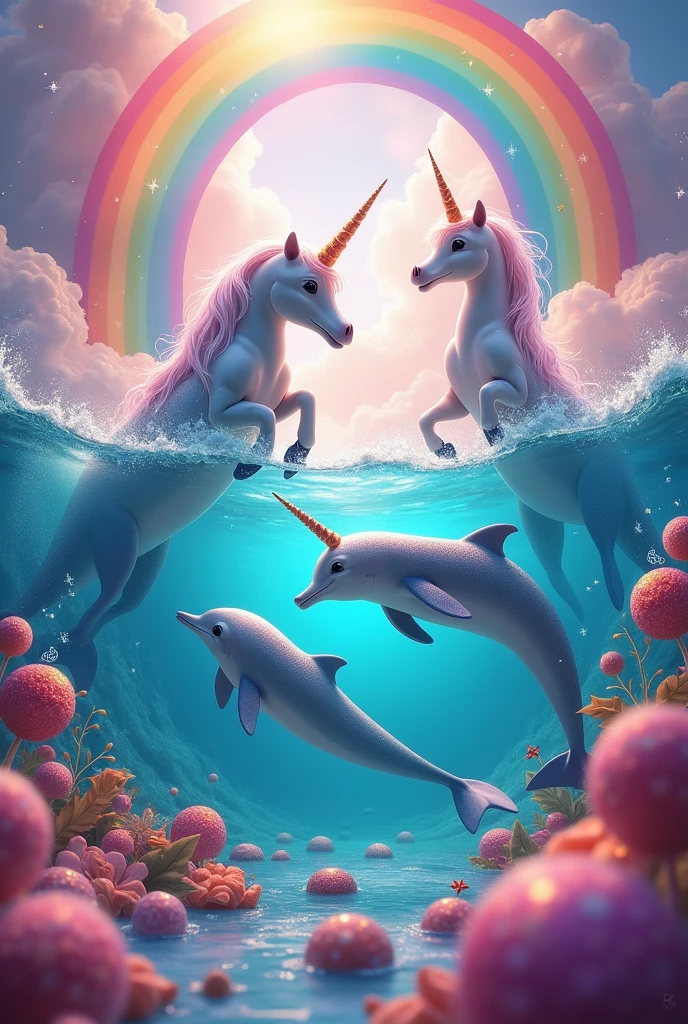 Some dolphins with a rainbow in the background and a unicorn next to them, and add candy and more colors