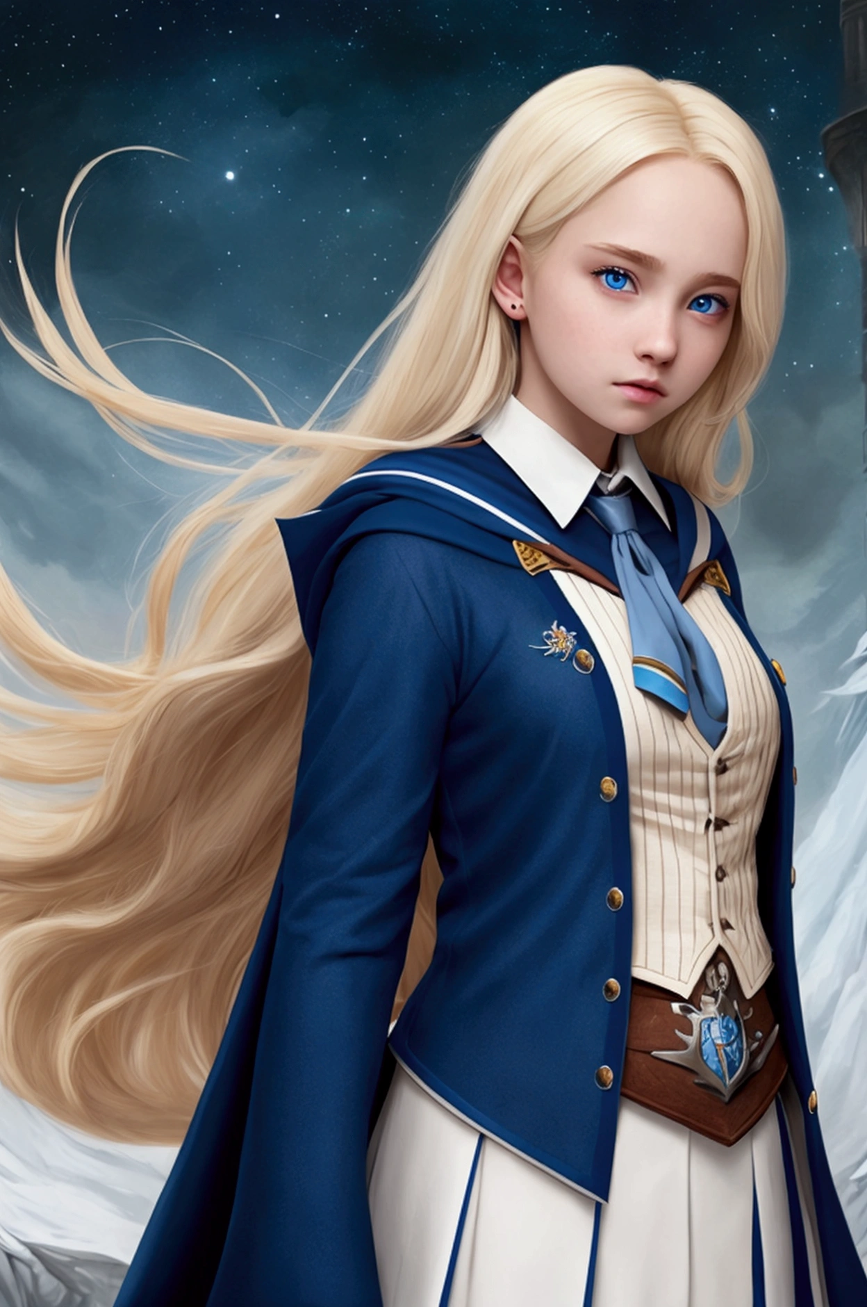 Hogwarts student, girl white skin, bright blonde hair. She has sea blue eyes and is a Ravenclaw in Hogwarts