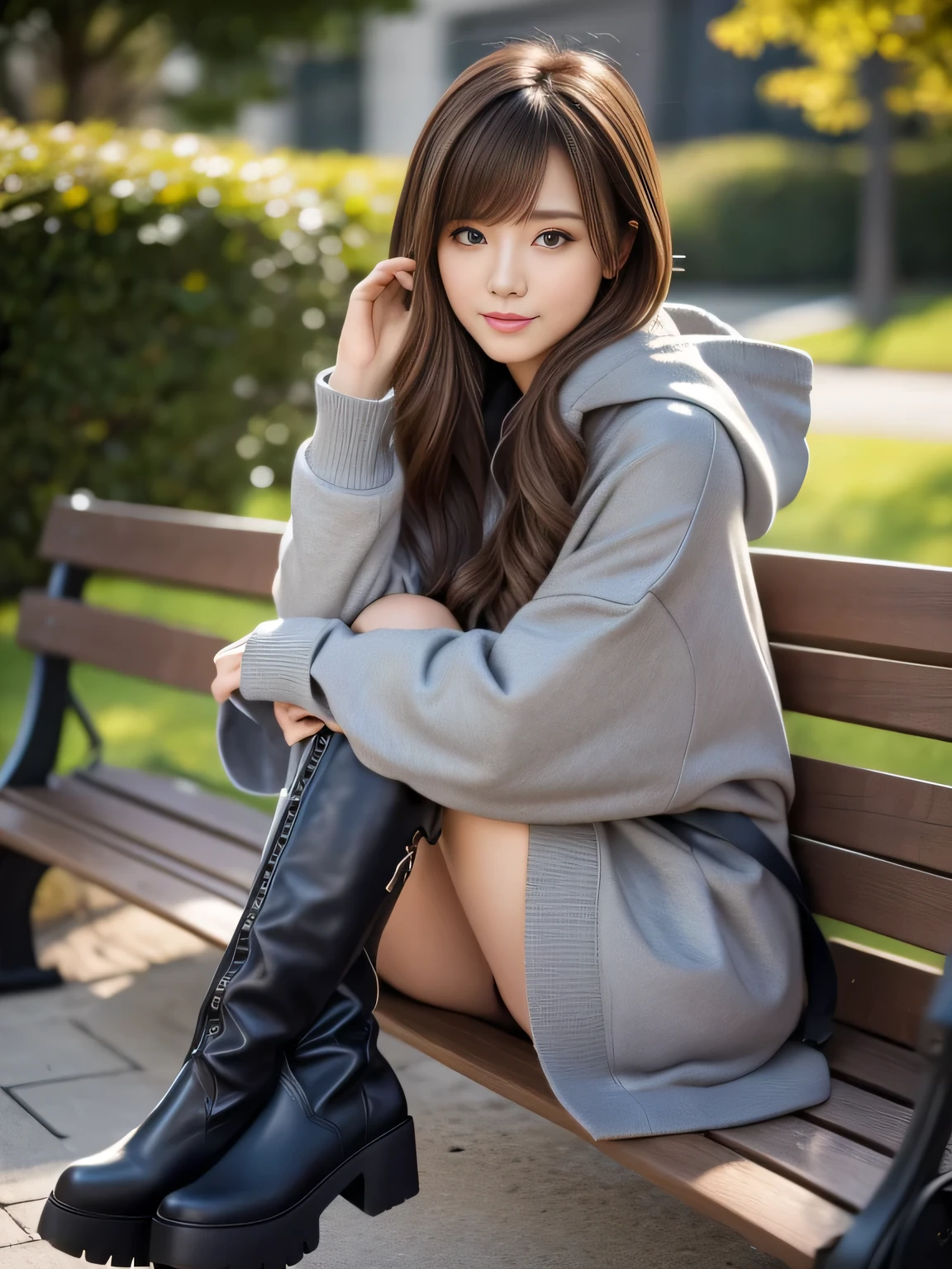 (masterpiece), (best quality, ultra-detailed, hyperdetailed, realistic), sharp features, highly detailed, sharp focus, Realistic, Photorealistic:1.3, perfect face, perfect symmetrically eyes, perfect lips, (no makeup), hyper detailed, hyper realistic, high resolution, Japanese model sitting on a park bench, (Standing posture), Fashion Model, (19yo:1.3), Slender, brown hair, Stylish, Beautiful Face, light brown hair, messy hair, diagonal bangs, (seductive smile), (looking at viewer), cinematic lighting, blurred background, be photographed from the top of one's knees up,
BREAK,
(black boots and a gray coat, wearing an oversized hoodie), (high boots, knee-high boots, over-knee boots, leather boots, platform boots),