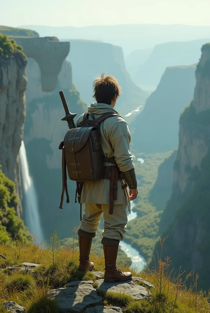 (uhd, masterpiece, anatomically correct, textured skin, super detail, high details, best quality, highres, 8k), An adventurer standing on a grassy cliff, Wearing light armor, Brown Hair, Hair that stands on end, Turning your back on the viewer, I can&#39;t see your face, The plain below the cliffs, Looking Down, Mr.々A land where fantasy creatures live, A waterfall flows down from a giant rock suspended in the air.