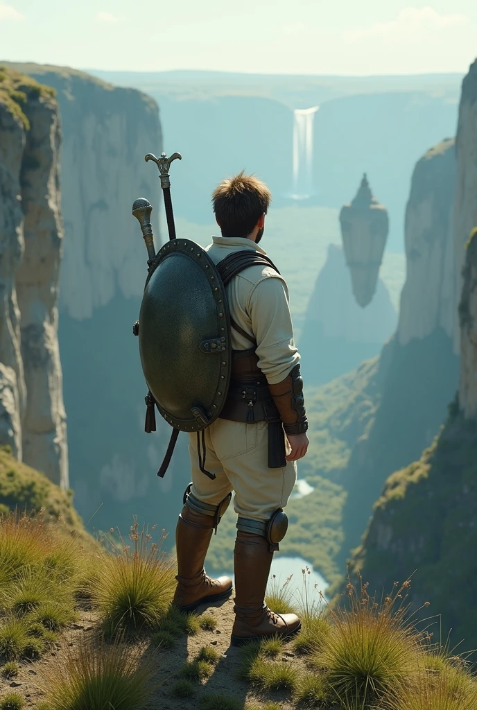 (uhd, masterpiece, anatomically correct, textured skin, super detail, high details, best quality, highres, 8k), An adventurer standing on a grassy cliff, Wearing light armor, Brown Hair, Hair that stands on end, Turning your back on the viewer, I can't see your face, The plain below the cliffs, Looking Down, Mr.々A land where fantasy creatures live, A waterfall flows down from a giant rock suspended in the air.