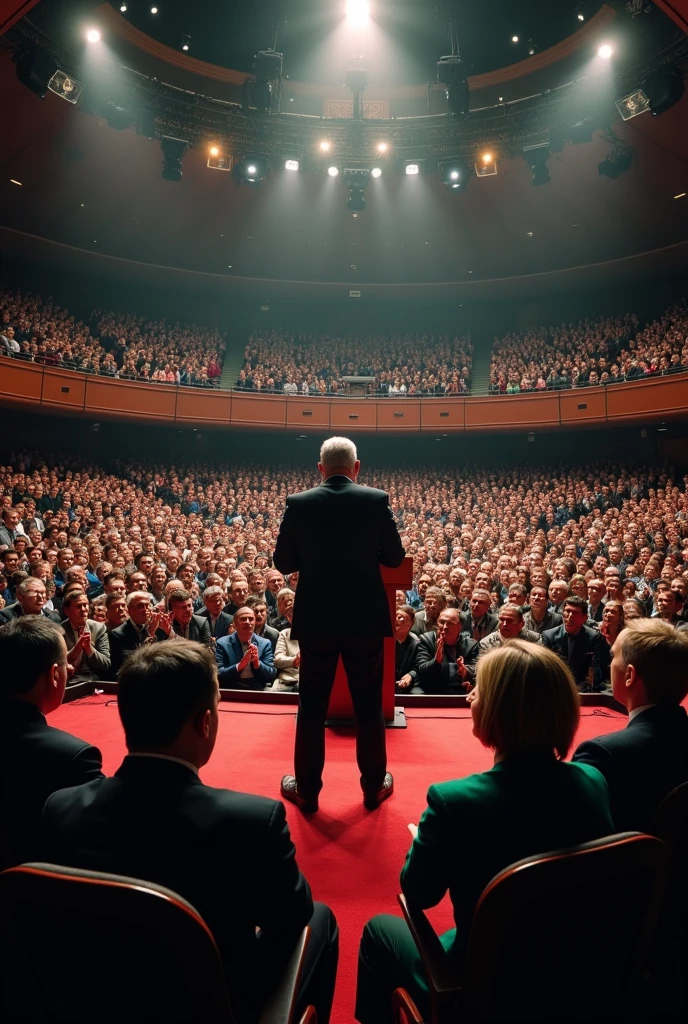 A panoramic view of a packed auditorium, with AMLO at center stage, surrounded by an attentive audience and press cameras