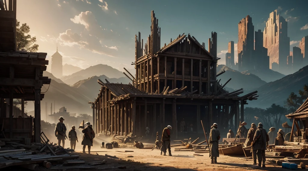"Noah and his sons are hard at work building the ark. They are surrounded by large piles of cypress wood, with tools scattered around. In the background, people jeer and laugh as the structure of the ark begins to take shape. The scene is captured in rich detail, showing the effort and dedication of Noah and his family amidst the disbelief of the others.", perfect composition, beautiful detailed intricate insanely detailed octane render trending on artstation, 8 k artistic photography, photorealistic concept art, soft natural volumetric cinematic perfect light, chiaroscuro, award - winning photograph, masterpiece, oil on canvas, raphael, caravaggio, greg rutkowski, beeple, beksinski, giger