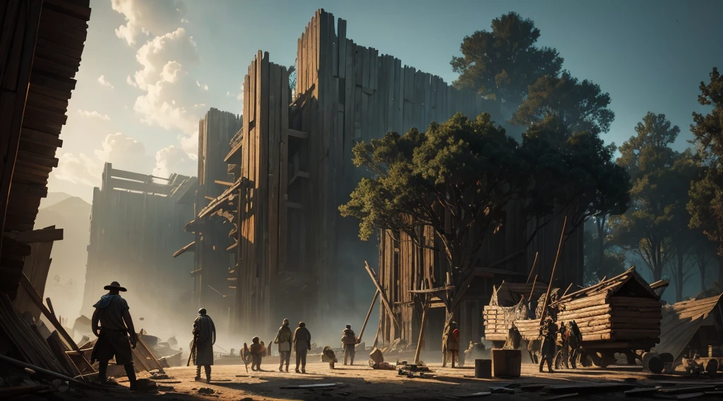 "Noah and his sons are hard at work building the ark. They are surrounded by large piles of cypress wood, with tools scattered around. In the background, people jeer and laugh as the structure of the ark begins to take shape. The scene is captured in rich detail, showing the effort and dedication of Noah and his family amidst the disbelief of the others.", perfect composition, beautiful detailed intricate insanely detailed octane render trending on artstation, 8 k artistic photography, photorealistic concept art, soft natural volumetric cinematic perfect light, chiaroscuro, award - winning photograph, masterpiece, oil on canvas, raphael, caravaggio, greg rutkowski, beeple, beksinski, giger