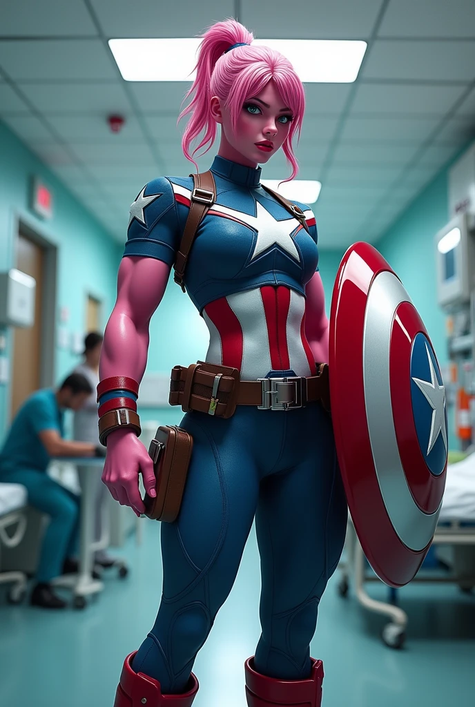 Imagine Female Hulk pink colour body wear captain America Costume in Side Hospital, Wide Angle View, full shirt doctor clothes