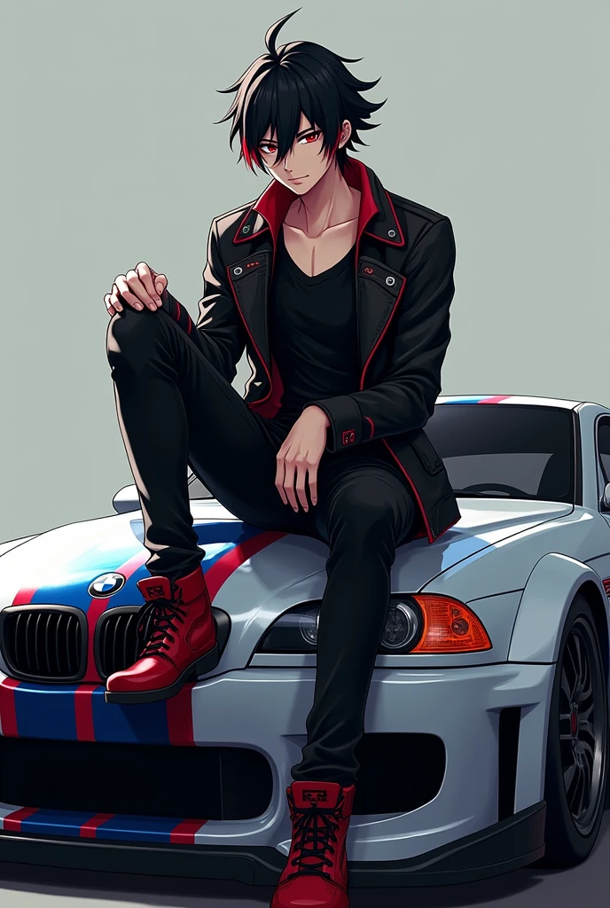 Adult anime boy with black hair with red streaks in his hair,with a serious face,with red eyes and black jacket with lots of red details black shirt sitting on the hood of the silver and blue bmw m3 gtr from need for speed most wanted