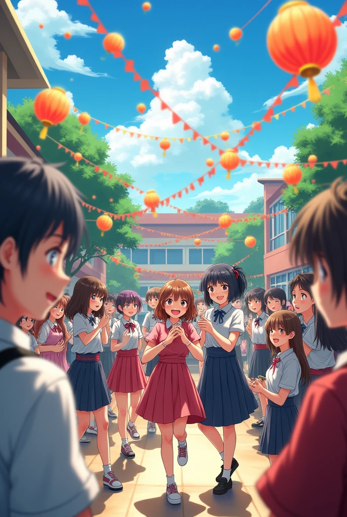 High school students celebrate hardikda (アニメ), school background
