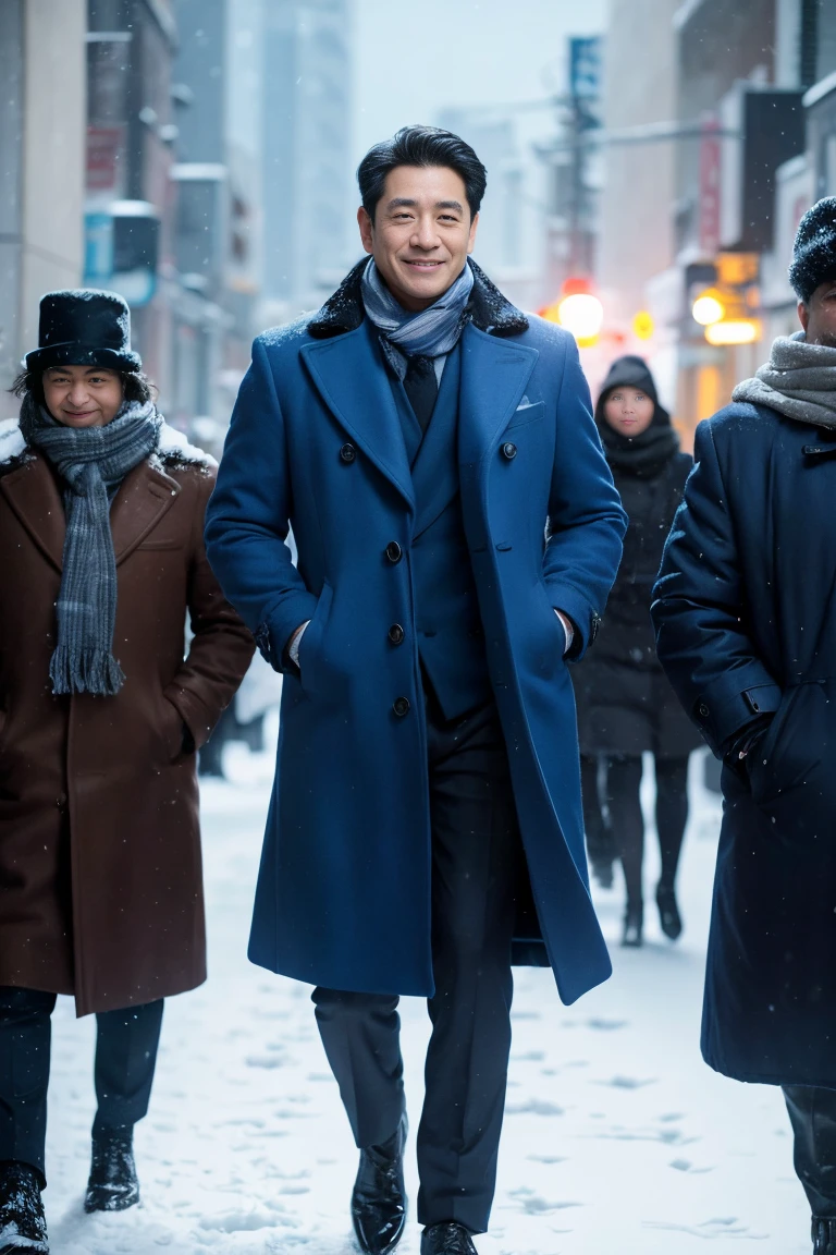 An Araafed man in a blue coat and scarf stands in the snow., Realistic image, The skin has realistic details., ภาพถ่ายจากกล้อง sony a7iii, 4 man, proportional body, Stand with your hands in your coat pockets., Smiling faces, ((Realistic picture)), Asian people