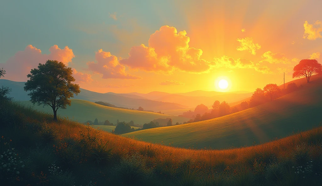 A serene landscape with a sunrise symbolizing hope, overlaid with abstract elements representing anxiety and trauma, gradually fading into a peaceful, calming scene to represent healing and self-acceptance.
