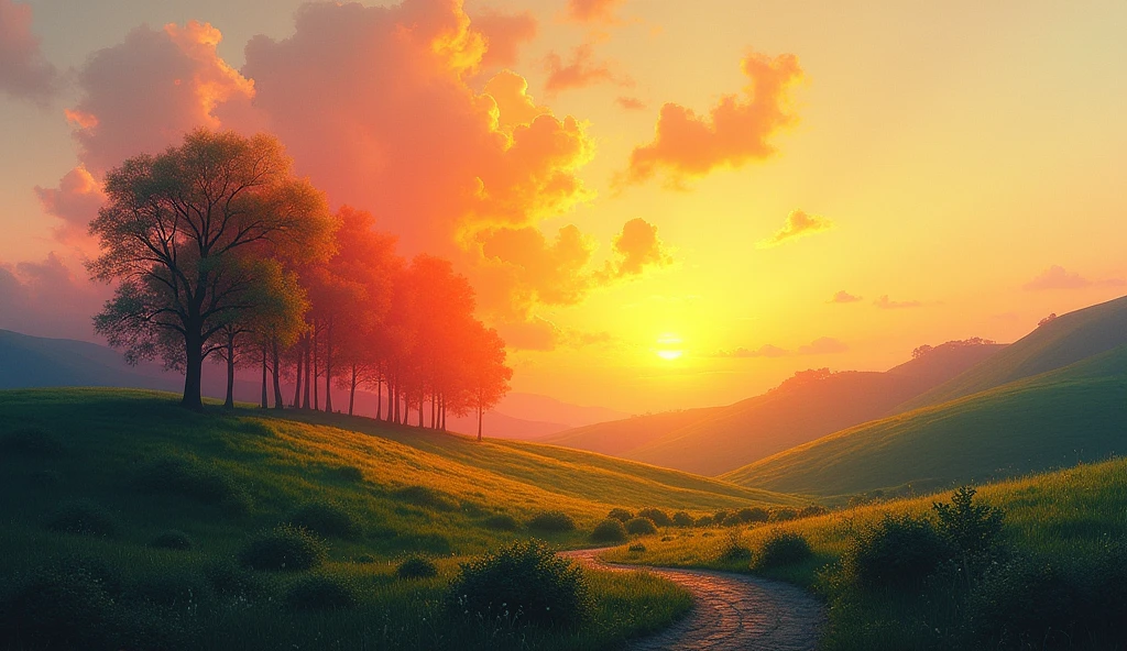 A serene landscape with a sunrise symbolizing hope, overlaid with abstract elements representing anxiety and trauma, gradually fading into a peaceful, calming scene to represent healing and self-acceptance.