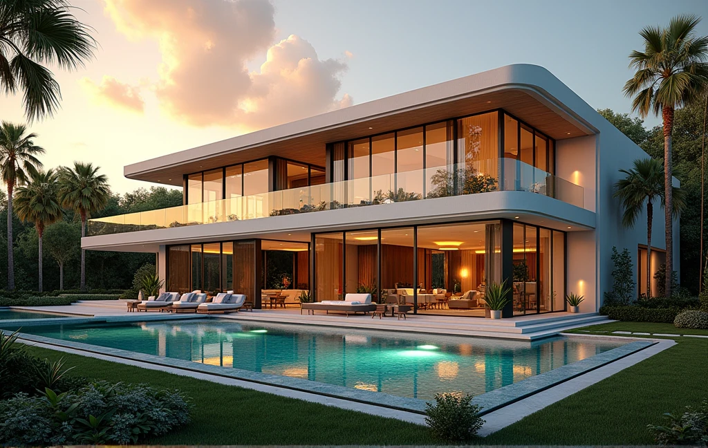 A high standard house. Luxurious condominium house with swimming pool and a well-kept garden with a beautiful sunset. A house that makes anyone who wants to buy a house want to buy it. A realistic image. A house worth 10 million reais. A house that looks like it exists