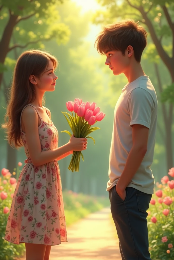 A girl giving pink tulips to a guy ,they should be teenagers
Make the guy a bit shy