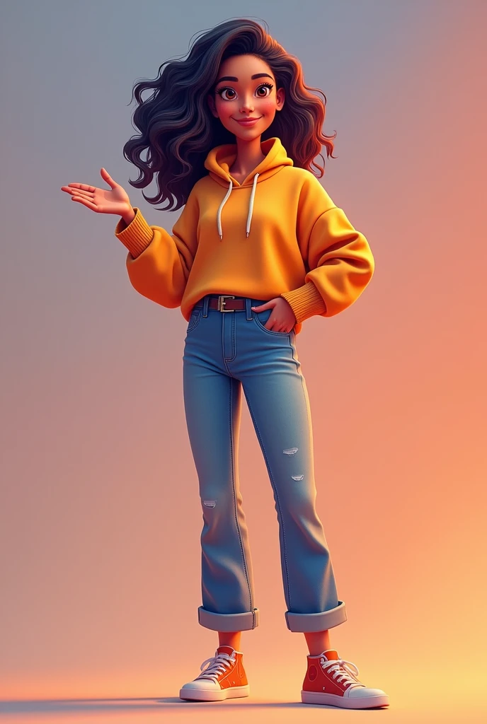 20 year old girl, high, FULL BODY looking forward as if he were presenting something and pointing with his hand, and be animated