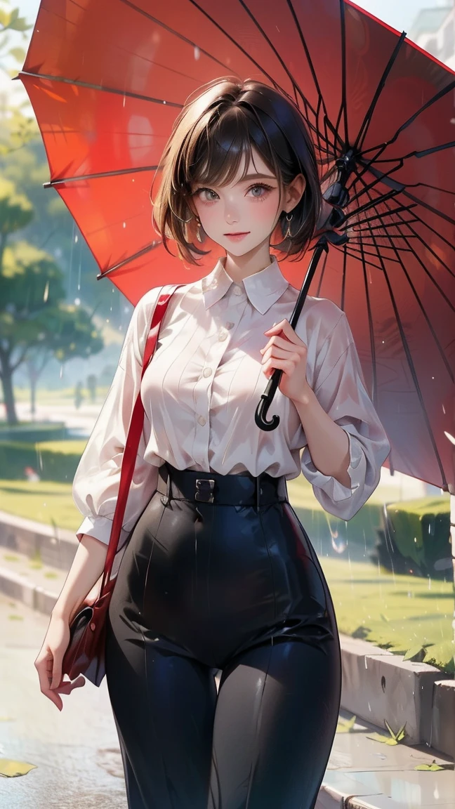 A woman wearing a white blouse and black pants and an American shorthair cat　Holding a red umbrella in the park　it&#39;s raining　A woman and a cat are sheltering from the rain under the same umbrella in a rainy park　Watercolor art　A woman sheltering from the rain with a cat