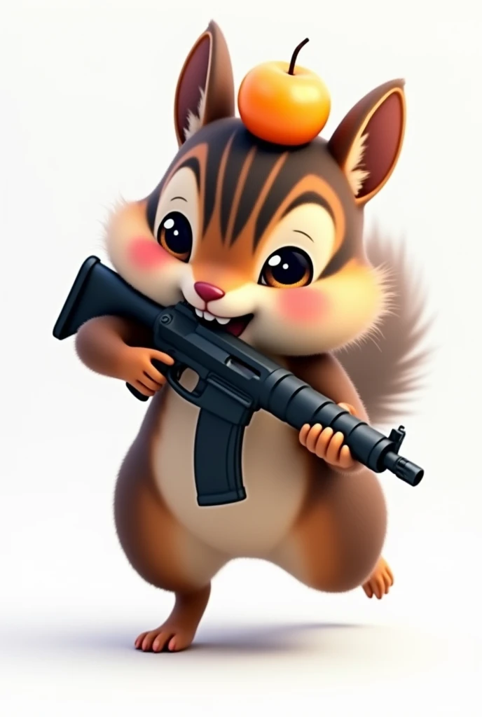 (masterpiece, best quality, ultra detailed, 8k, photorealistic, hyperrealistic photo), A female chipmunk is running with a machine gun, (A female chipmunk has a small Yuzu fruit on her head), (Female chipmunks have three lines of dark hair on their heads.), (Female chipmunks have pink cheeks), Background is white, Real,