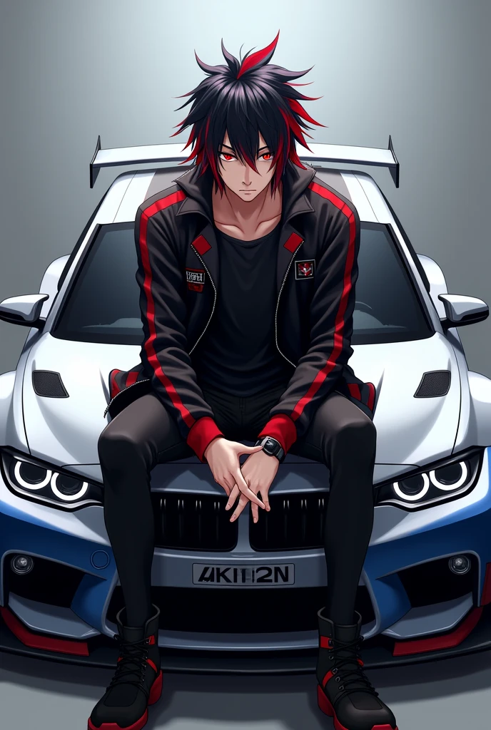 Adult anime boy with black hair with red streaks in his hair,with a serious face,with red eyes and black jacket with lots of red details black shirt sitting on the hood of the silver and blue bmw m3 gtr from need for speed most wanted