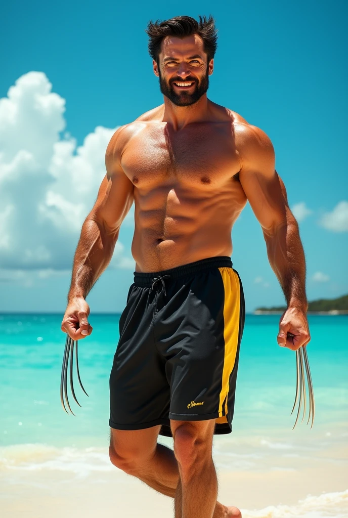 Hugh Jackman showing his wolverine claws smiling actor wearing a black shorts with yellow details at a caribean beach day time blue sky