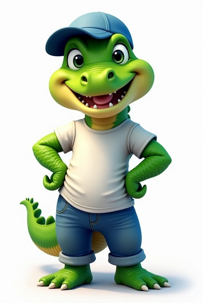 Create a Young Alligator Mascot. smiling . Wears a white t-shirt and jeans.  wears a blue cap. Skin Vibrant Green Color.  It is positioned in front. An arm around the waist. Background transparent 