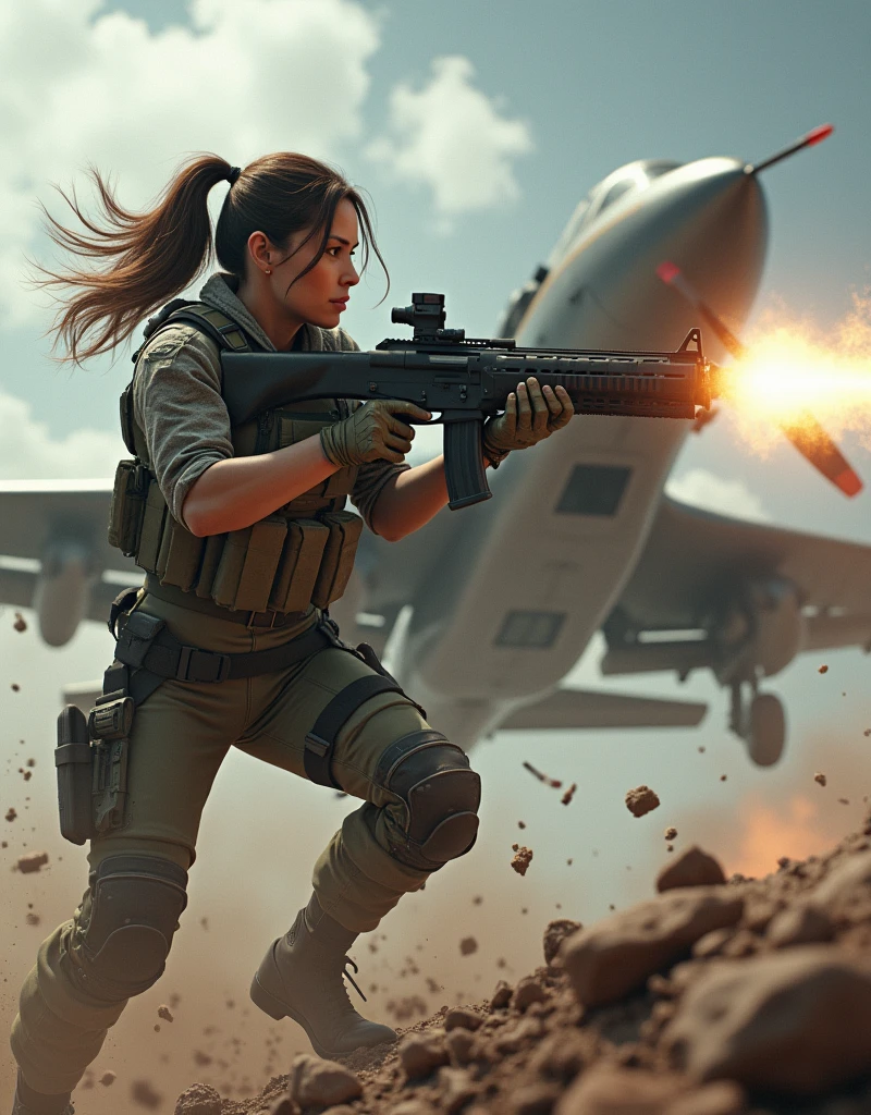 (Photorealism:1.2), Sexy woman, Female soldier attacks fighter plane with machine gun.