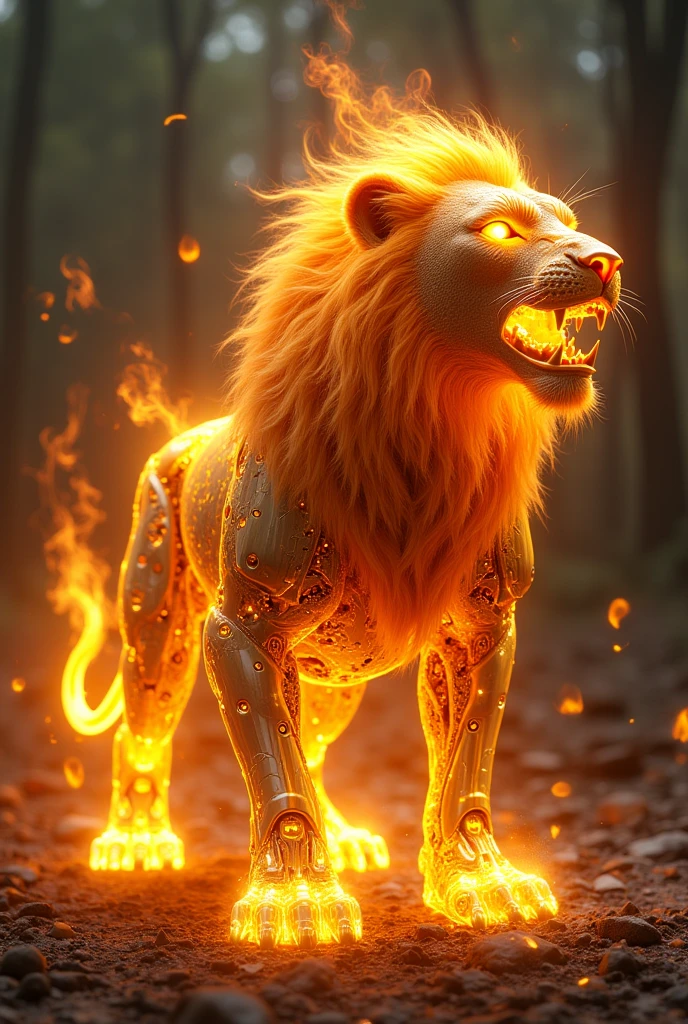 Make a handsome golden cyborg lion out of fire