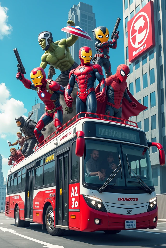 Create an image of the Avengers measuring 885 cm long and 320 cm wide reimagined as anime characters. Include characters like Iron Man, Captain America, Thor, Hulk, Black Widow, spiderman, wolverine, deadpool and doctor strange. Design them with exaggerated anime-style features, such as large, caricature-like heads and dynamic poses, and sleek, detailed armor or costumes. Place some of the characters, some of whom are in the bus, on top of the bus or flying, with the background of a building that says Daihatsu, the bus has red and white colors and has Daihatsu written on it which emphasizes action and intensity. "Each character must have a unique anime-style weapon or accessory that matches their personality and strengths."