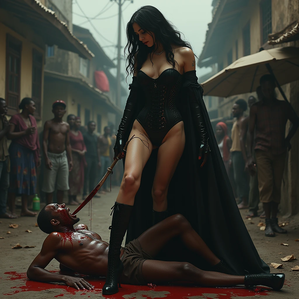 A thin, malnourished African man, lying face down, he is beated and bloody, his face is bloody, a famous, elegant, arrogant and mean gothic white woman, dressed in a gothic corset, black wavy hair, thigh high socks, high heels, stands directly on top of the African man's body, one of her heels is stabbed hard into his eyeball, her heel is going through his eye. The woman is spitting down on him. The man is screaming in agony and tearing up blood and in the background you can see beggars suffering.
