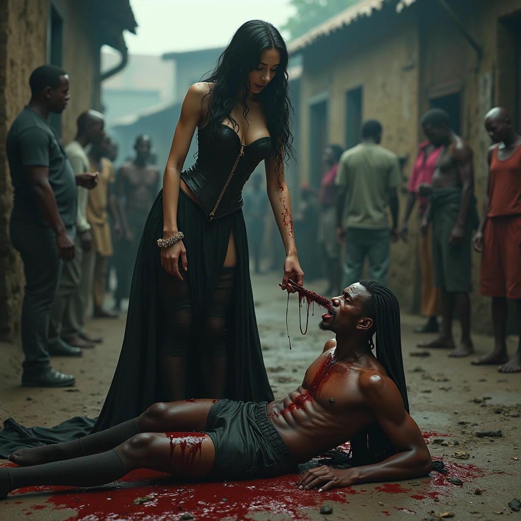A thin, malnourished African man, lying face down, he is beated and bloody, his face is bloody, a famous, elegant, arrogant and mean gothic white woman, dressed in a gothic corset, black wavy hair, thigh high socks, high heels, stands directly on top of the African man's body, one of her heels is stabbed hard into his eyeball, her heel is going through his eye. The woman is spitting down on him. The man is screaming in agony and tearing up blood and in the background you can see beggars suffering.