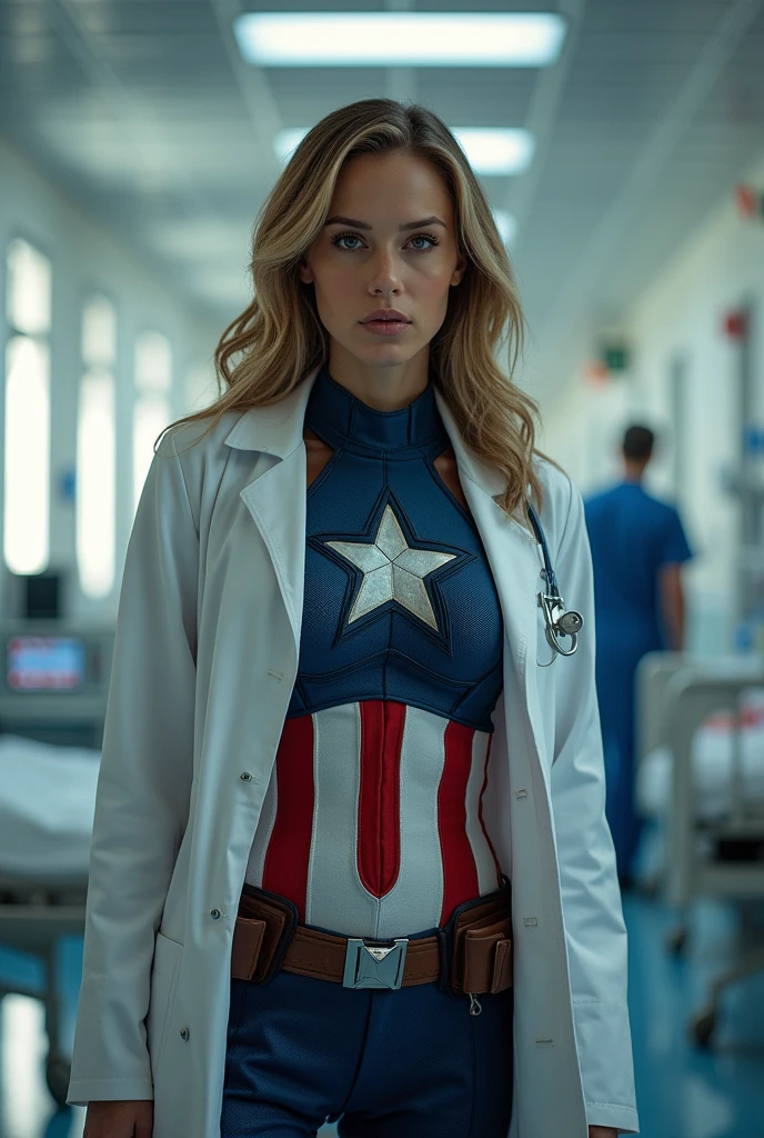 Imagine Female Captain America Costume in Side Hospital, Wide Angle View, full shirt doctor clothes
