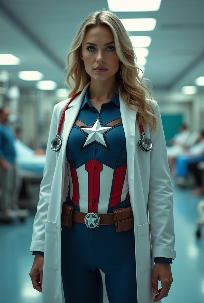 Imagine Female Captain America Costume in Side Hospital, Wide Angle View, full shirt doctor clothes