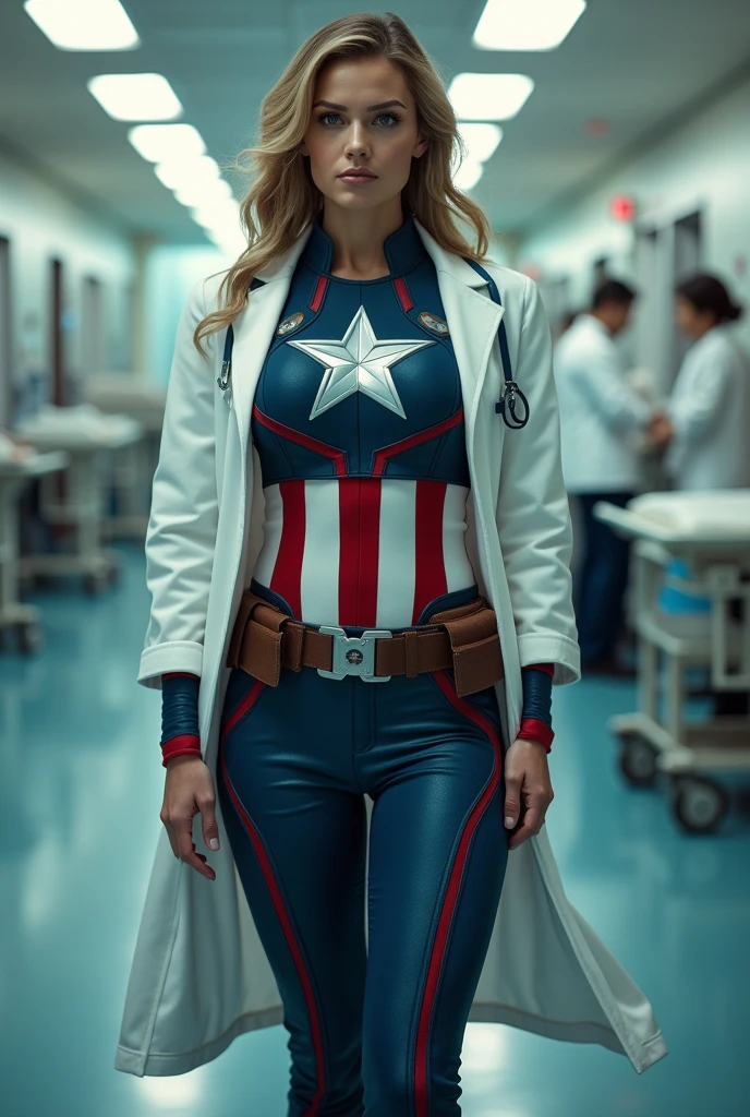 Imagine Female Captain America Costume in Side Hospital, Wide Angle View, full shirt doctor clothes