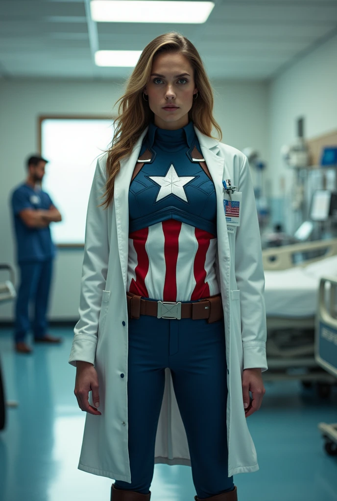 Imagine Female Captain America Costume in Side Hospital, Wide Angle View, full shirt doctor clothes