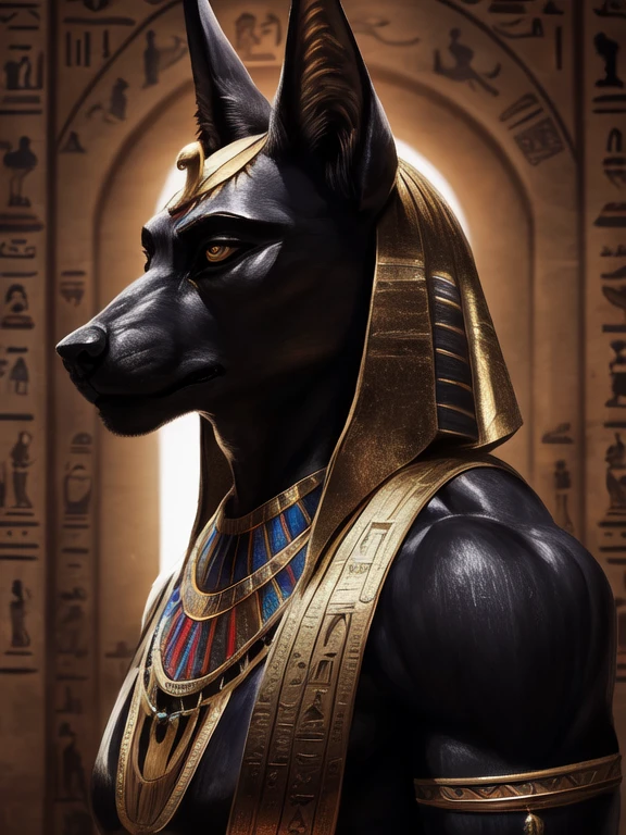 (Absurd, High resolution, Super detailed, High resolution, Super detailed, High resolution, masterpiece, Highest quality, Very detailed, Delicate features), (Real Stick, photograph), Anthropomorphic black wolf, solo, Male black wolf, Egypt, Egypt神話, (Anubis,Anubis神), (Beautiful golden eyes, 古代Egypt風の黄金の民族衣装, An elaborate golden loincloth), (Jet Black Skin, A little muscle), (profile, Focus on the face), (Holds a heavy black scale), Dim hieroglyphic mural, Golden particles