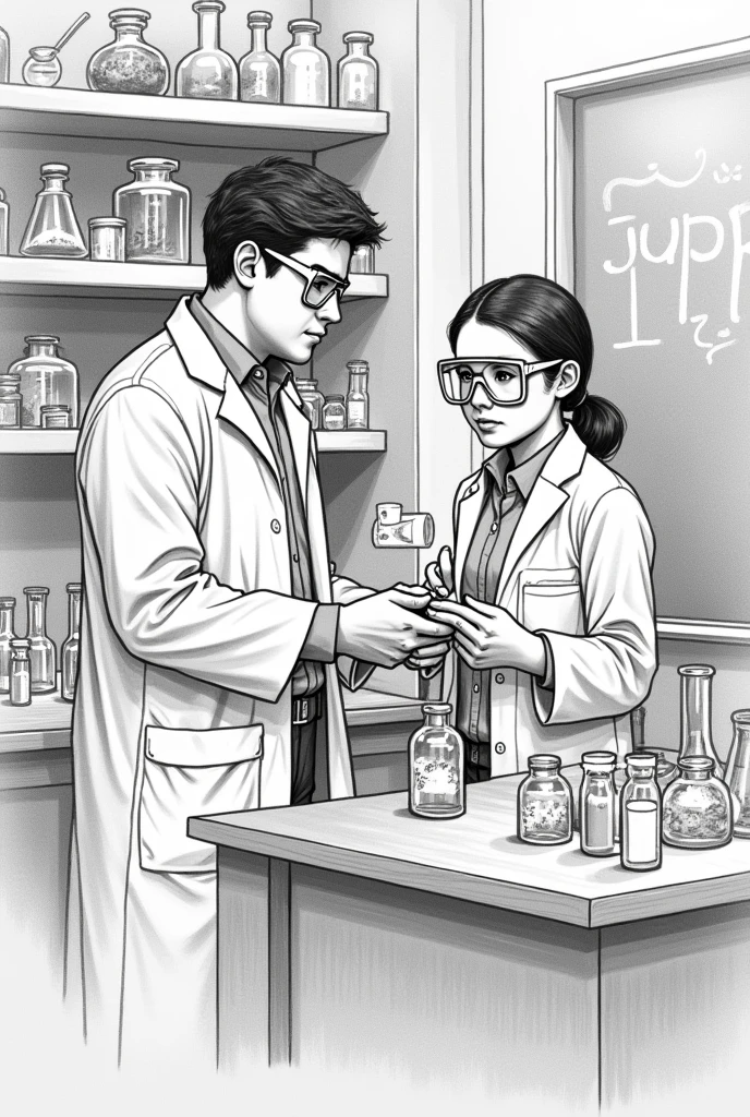 2D drawing of a student at a laboratory table, receiving chemical materials from his teacher
