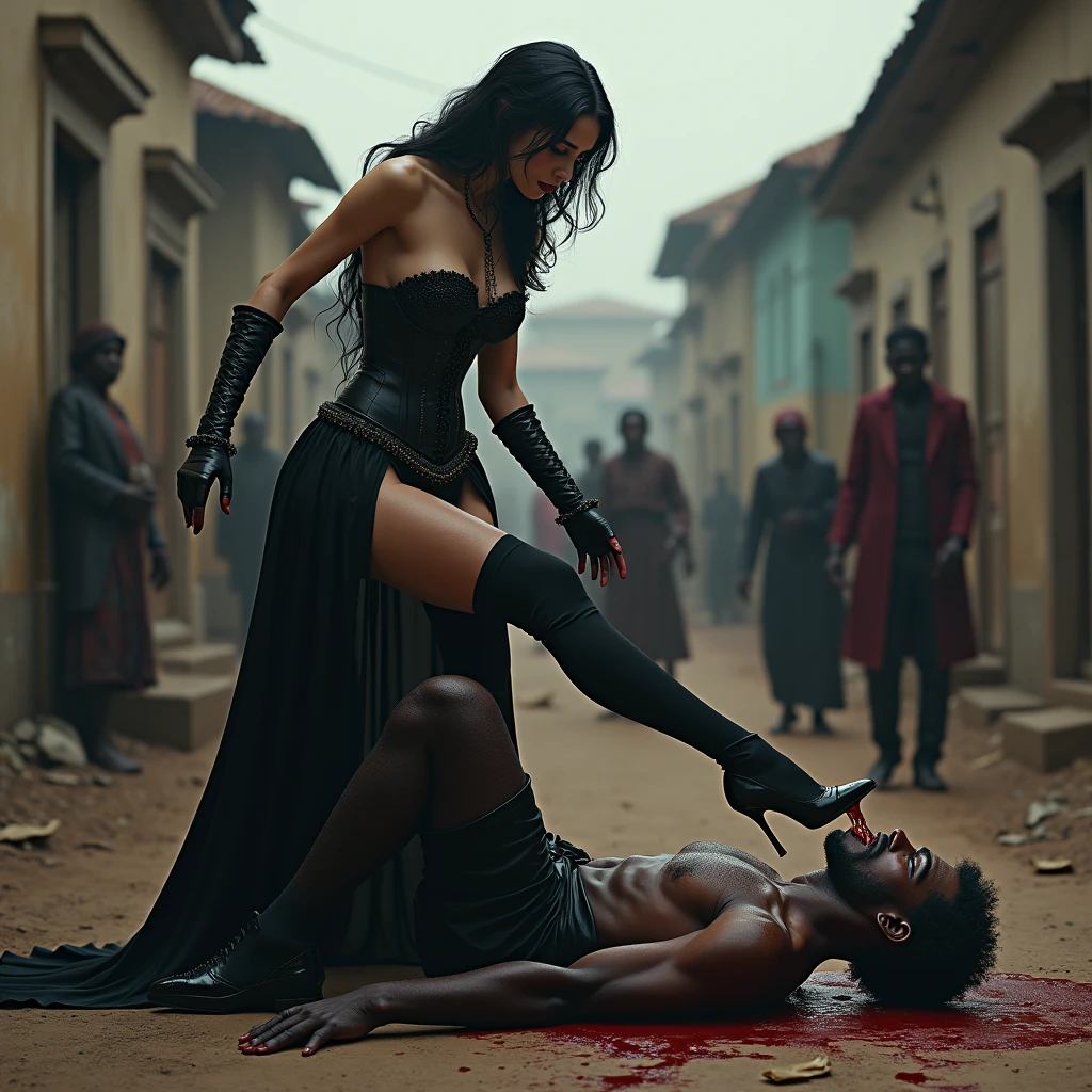 A thin, malnourished African man, lying face down, he is beated and bloody, his face is bloody, a famous, elegant, arrogant and mean gothic white woman, dressed in a gothic corset, black wavy hair, thigh high socks, high heels, stands directly on top of the African man's body, one of her heels is stabbed hard into his eyeball, her heel is going through his eye. The woman is spitting down on him. The man is screaming in agony and tearing up blood and in the background you can see beggars suffering.