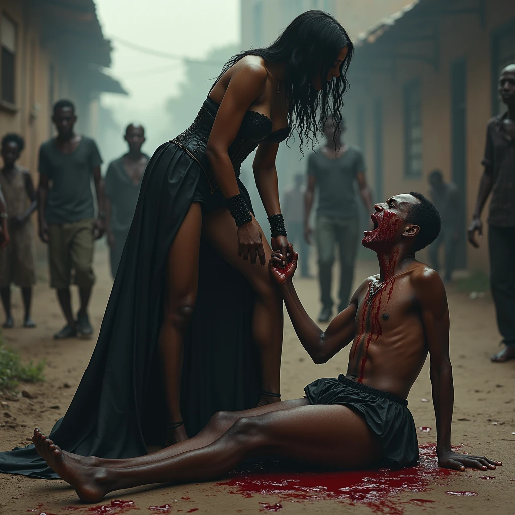 A thin, malnourished African man, lying face down, he is beated and bloody, his face is bloody, a famous, elegant, arrogant and mean gothic white woman, dressed in a gothic corset, black wavy hair, thigh high socks, high heels, stands directly on top of the African man's body, one of her heels is stabbed hard into his eyeball, her heel is going through his eye. The woman is spitting down on him. The man is screaming in agony and tearing up blood and in the background you can see beggars suffering.